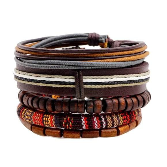 Boho 5 PC Set Wood Beads Leather Bracelets - Picture 6 of 7